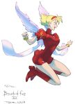  1girl angel_wings blonde_hair boots breasts breath_of_fire breath_of_fire_iii copyright_name dated dress feathered_wings full_body green_eyes hairband nina_(breath_of_fire_iii) puffy_sleeves short_hair simple_background smile solo tombiiwa white_wings wings 