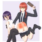 2girls absurdres ass black_socks black_suit blush chainsaw_man choker dated formal green_eyes highres long_hair makima_(chainsaw_man) multiple_girls over_the_knee paddle purple_hair red_hair reze_(chainsaw_man) shitsu_ko simple_background socks spanking suit tears yellow_eyes 