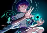  1boy bishounen blue_eyes cowboy_shot genshin_impact glowing glowing_eyes hagehiro highres japanese_clothes male_focus purple_hair scar scar_on_face scaramouche_(genshin_impact) short_hair shorts simple_background smile solo thighs wanderer_(genshin_impact) 