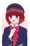  1girl arima_kana beret blue_headwear blue_vest blush bob_cut collar hat hat_ribbon highres inverted_bob kasuterastellar open_mouth oshi_no_ko pink_background pink_ribbon red_eyes red_hair ribbon school_uniform short_hair simple_background smile upper_body vest white_collar youtou_high_school_uniform 