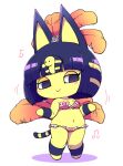  :&gt; animal_crossing ankha_(animal_crossing) anthro blue_hair blush blush_stickers bob_cut crown dancing domestic_cat felid feline felis female festivale fur hair headgear mammal markings musical_note navel nintendo nollety short_hair simple_background smile solo standing striped_markings striped_tail stripes tail tail_markings uraeus white_background yellow_body yellow_fur 