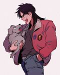  1boy animal belt black_belt black_eyes black_hair black_shirt bomber_jacket brown_jacket commentary_request cowboy_shot dog fang grey_background grey_pants hand_in_pocket highres holding holding_animal holding_dog inudori itou_kaiji jacket kaiji long_hair long_sleeves male_focus medium_bangs open_clothes open_jacket open_mouth pants parted_bangs scar scar_on_cheek scar_on_face shirt simple_background solo teeth tongue tongue_out 