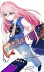  1girl absurdres amplifier blue_eyes blue_shirt bocchi_the_rock! cube_hair_ornament floating_hair gotoh_hitori hair_ornament highres irreligiositat looking_at_viewer pink_hair playing_guitar ripped_jeans shirt sleeveless sleeveless_shirt white_background 