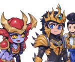  1girl 2boys armor black_bodysuit black_hair blue_eyes blue_skin bodysuit braid breastplate brown_eyes closed_mouth collarbone colored_sclera colored_skin fang gold_armor helmet jarvan_iv_(league_of_legends) league_of_legends leaning_forward long_hair looking_at_another multiple_boys navel orange_sclera phantom_ix_row ponytail red_armor shoulder_plates shoulder_spikes shyvana spikes stomach twin_braids upper_body xin_zhao yellow_eyes 