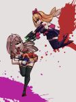  2girls ascot black_thighhighs blonde_hair bow bow_hairband breasts brown_hair brown_sleeves cleavage commentary domino_mask dress elbow_gloves eyebrows_hidden_by_hair fighting floating_hair full_body gloves grey_background hair_ornament hairband high_heels ink_tank_(splatoon) inkling inkling_girl leaning_forward leaning_to_the_side long_hair looking_at_another lucia_(phantom_rose) makaroll mask medium_breasts multiple_girls paint_splatter phantom_rose pink_bow pink_footwear pointy_ears purple_dress purple_gloves purple_thighhighs red_ascot red_footwear red_hairband red_skirt reina_(phantom_rose) running short_sleeves shrug_(clothing) skirt sleeveless sleeveless_dress small_breasts splatoon_(series) standing standing_on_one_leg strappy_heels super_soaker swept_bangs tentacle_hair thighhighs very_long_hair waist_bow white_gloves zettai_ryouiki 