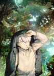  1boy aoki_(fumomo) backpack bag black_coat cigarette coat coat_over_head collared_shirt commentary_request day dress_shirt forest ginko grass green_eyes hair_over_one_eye long_sleeves looking_to_the_side mushi_(mushishi) mushishi nature outdoors popped_collar river shirt smoking solo standing tree upper_body white_hair white_shirt 