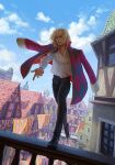  1boy black_pants blonde_hair blue_sky checkered_coat cloud cloudy_sky coat coat_on_shoulders english_commentary felixoesinghaus flag highres house howl_(howl_no_ugoku_shiro) howl_no_ugoku_shiro jewelry long_sleeves looking_at_viewer medium_hair necklace on_railing outstretched_arm pants railing red_coat shirt sky smile tile_roof town walking white_shirt 
