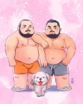  2boys abs arm_on_shoulder bara beard big_belly blush bulge buzz_cut couple daisukebear deformed dog facial_hair fat fat_man full_body grey_shorts hand_on_own_hip highres large_pectorals looking_at_viewer male_focus mature_male multiple_boys muscular muscular_male navel nipples orange_shorts original pectorals pink_background receding_hairline sandals short_hair shorts standing stomach thick_mustache topless_male very_short_hair yaoi 