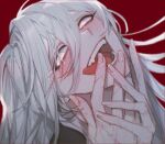  1girl beneple13 blush eyelashes fangs hair_between_eyes head_tilt licking licking_finger messy_hair multiple_scars open_mouth original scar sidelocks solo tongue tongue_out vampire white_eyes white_hair yandere 