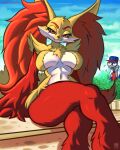  2023 anthro anthro_focus artist_name blue_clothing blue_headwear blue_sky breasts clothed clothing cloud delphox eyebrows female female_focus fur generation_6_pokemon headgear headwear human looking_at_viewer mammal nintendo nude painterdreamer pokemon pokemon_(species) pose red_body red_eyebrows red_fur red_legs shadow sitting sky white_body white_breasts white_fur yellow_body yellow_ears yellow_fur 