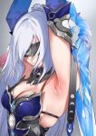  absurdres armpits arms_up black_blindfold blindfold blue_armor blue_gloves blue_hair breasts cleavage crystal_sword elbow_gloves gloves highres honkai:_star_rail honkai_(series) jingliu_(honkai:_star_rail) long_hair medium_breasts shion1350 simple_background skindentation sleeveless sword sword_behind_back upper_body very_long_hair weapon 