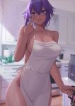  1girl absurdres apron bare_shoulders blush breasts cleavage collarbone dark-skinned_female dark_skin fate/grand_order fate_(series) hassan_of_serenity_(fate) highres kakeku looking_at_viewer medium_breasts naked_apron open_mouth pointing pointing_at_self purple_eyes purple_hair short_hair sideboob sidelocks solo white_apron 