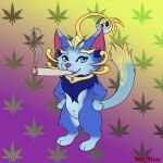  anthro blue_body blue_eyes blue_fur collar domestic_cat drugs felid feline felis female fur hands_on_hips hi_res league_of_legends long_tail looking_at_viewer mammal marijuana riot_games sir_horns smoking solo tail yuumi_(lol) 