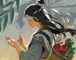  1boy apple backpack_basket black_hair blurry blurry_background candy chinese_clothes chinese_hairpin covered_eyes daikon food fruit hair_bun highres hikari_toriumi holding holding_candy holding_food light_smile long_hair male_focus modao_zushi radish single_hair_bun solo weapon_bag white_blindfold xiao_xingchen 