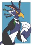  absurd_res anthro avian beak bird blue_body blue_feathers bow_tie braided_hair breath_of_the_wild chocolate_muffins clothed clothing crossdressing embarrassed fake_ears fake_rabbit_ears feathers green_eyes hair hi_res male nintendo playboy_bunny playboy_outfit revali rito solo the_legend_of_zelda 