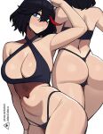  1girl arm_up armpits artist_logo ass bare_shoulders bikini black_bikini black_hair blue_eyes blush breasts closed_mouth collarbone commentary donburi_(donburikazoku) fanbox_username from_behind hair_between_eyes highleg highleg_bikini highres kill_la_kill leaning_to_the_side looking_at_viewer matoi_ryuuko multicolored_hair multiple_views navel patreon_username simple_background skindentation streaked_hair swimsuit thighs thong_bikini web_address wedgie white_background 