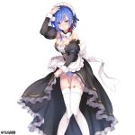  1girl alternate_costume apron bare_shoulders black_dress black_thighhighs blue_eyes blue_hair blue_panties breasts dress frills hand_on_own_head looking_at_viewer maid_headdress medium_breasts official_art panties sakuya_sieglinde seiken_gakuin_no_maken_tsukai short_hair thighhighs underwear white_apron 