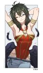  1girl ;) absurdres armlet armpits arms_up bare_shoulders black_hair black_wings blue_eyes breasts character_name cleavage collarbone commentary commission cowboy_shot feathers fire_emblem fire_emblem:_radiant_dawn grey_pants highres long_hair looking_at_viewer low_wings medium_breasts o-ring o-ring_top one_eye_closed pants pixiv_commission silvercandy_gum smile solo standing vika_(fire_emblem) wings 