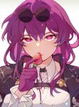  1girl black_coat chest_strap coat earrings eyewear_on_head food fruit gloves highres holding holding_food holding_fruit honkai:_star_rail honkai_(series) jewelry kafka_(honkai:_star_rail) looking_at_viewer pince-nez purple_eyes purple_gloves purple_hair round_eyewear shirt sidelocks simple_background solo soufflebune strawberry sunglasses upper_body white_background white_shirt 