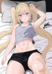  1girl :o armpits black_shorts blonde_hair blue_eyes blush breasts casual collarbone crop_top fang goddess_of_victory:_nikke grey_shirt highres hormone_nikke laplace_(nikke) long_hair lying navel on_back parted_lips pillow shirt short_shorts shorts sidelocks signature small_breasts solo toned twintails twitter_username 