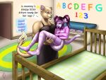  anthro bdsm bondage bound changing_table clothing crib diaper domestic_cat duo felid feline felis female hi_res legwear letter lion magicdawn mammal number object_in_mouth pacifier pacifier_in_mouth pantherine restraints rug stockings straitjacket 