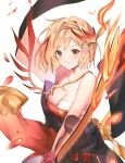  1girl blonde_hair breasts brown_eyes cleavage commentary_request djeeta_(granblue_fantasy) dress firedancer&#039;s_roseplume_(granblue_fantasy) flaming_sword flaming_weapon granblue_fantasy highres holding holding_sword holding_weapon katana medium_breasts official_alternate_costume parted_lips red_dress short_hair solo strapless strapless_dress sword weapon white_background yuntae 