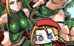  1girl ass bare_shoulders beret blonde_hair blue_eyes blush_stickers bodypaint braid breasts cammy_white chibi covered_navel gloves groin hat jazz_jack leotard multiple_views red_gloves scar scar_on_face street_fighter street_fighter_6 twin_braids 