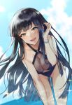  1girl bikini black_hair blunt_bangs breasts cleavage cray_nero earrings gem highres idolmaster idolmaster_cinderella_girls jewelry kurokawa_chiaki leaning_forward long_hair ocean pearl_(gemstone) piercing smile swimsuit 