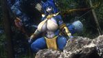  2023 3d_(artwork) accessory anthro armor arrow_(weapon) big_breasts blue_body blue_ears blue_fur blue_hair blue_tail bottomwear bow_(weapon) bra bracelet breasts canid canine clothed clothing collar digital_media_(artwork) ear_piercing ear_ring female fluffy fluffy_tail forest fox fur furgonomics gauntlets gloves gold_(metal) gold_jewelry green_eyes hai hair handwear hi_res hunting jewelry krystal&#039;s_mom krystal&#039;s_staff loincloth long_hair mammal markings melee_weapon multicolored_body multicolored_ears multicolored_fur multicolored_tail muscular muscular_anthro muscular_female necklace nintendo piercing plant ranged_weapon ring ring_piercing rock sanguine_paladin solo star_fox sword tail tail_accessory tailband tattoo tree tribal tribal_armor tribal_clothing tribal_jewelry tribal_markings tribal_necklace tribal_outfit tribal_tattoo underwear weapon white_body white_fur white_inner_ear white_tail wood 