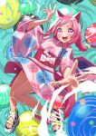  1girl absurdres alternate_costume alternate_hairstyle animal_ears dress ear_covers floral_print flower_knot freely2327 full_body haru_urara_(umamusume) highres horse_ears horse_girl japanese_clothes kimono looking_at_viewer open_mouth pink_dress pink_eyes pink_hair pink_kimono smile solo teeth umamusume upper_teeth_only water wide_sleeves yukata 