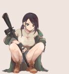  1girl absurdres black_gloves black_hair boots breasts brown_background brown_footwear brown_shirt denim denim_shorts earrings fingerless_gloves gloves green_eyes green_jacket gun hatsutori_(aitoshinobuta) highres holding holding_gun holding_weapon idolmaster idolmaster_cinderella_girls idolmaster_cinderella_girls_starlight_stage jacket jewelry large_breasts long_hair looking_at_viewer midriff_peek off_shoulder open_clothes open_jacket parted_lips ponytail rifle shirt short_sleeves shorts simple_background solo squatting weapon yamato_aki 