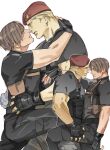  2boys bara beret black_gloves black_pants black_shirt blonde_hair brown_hair closed_mouth couple fingerless_gloves gloves hat holster jack_krauser large_pectorals leg_up leon_s._kennedy looking_at_another male_focus multiple_boys muscular muscular_male pants pectorals resident_evil resident_evil_4 resident_evil_4_(remake) scar scar_across_eye scar_on_face shirt short_hair shoulder_holster simple_background tatsumi_(psmhbpiuczn) white_background yaoi 