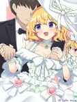  1boy 2girls alternate_costume blonde_hair blue_eyes bow breast_grab breasts collarbone commentary_request couple dress faceless faceless_male formal frills grabbing groping hat hat_ribbon hetero highres holding_hands looking_at_another medicine_melancholy medium_breasts multiple_girls ribbon short_hair smile su-san suit tada_no_nasu textless_version touhou touhou_lost_word wavy_hair wedding_dress white_headwear 