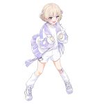  1girl absurdres blonde_hair blunt_bangs choker clenched_hands commentary felutiahime full_body highres hololive hololive_dev_is iridescent jacket long_sleeves open_mouth purple_eyes shirt shoes short_hair short_twintails shorts simple_background sleeves_past_wrists smile socks solo todoroki_hajime twintails two_side_up virtual_youtuber white_background white_footwear white_shirt white_shorts 