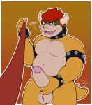  4_fingers anthro armband balls bodily_fluids body_hair bowser collar command countershade_torso countershading dialogue english_text fingers first_person_view genital_fluids genitals hair hairy_balls hi_res holding_penis imminent_sex koopa leash leashed_pov looking_at_viewer male mario_bros navel nintendo open_mouth orange_body penis precum red_hair salamandr scalie solo spiked_armband spiked_collar spiked_tail spikes spikes_(anatomy) tail talking_to_viewer text 