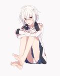  1girl accelerator_(toaru_majutsu_no_index) albino androgynous bare_legs blue_skirt crossed_arms feet flower gym_shirt hair_flower hair_ornament highres hugging_own_legs jacket lily_(flower) looking_at_viewer miniskirt nyan pale_skin panties pantyshot pixie_cut red_eyes roruku sanpaku shirt short_hair sidelocks sketch skirt solo striped striped_jacket suzushina_yuriko toaru_majutsu_no_index toes tongue tongue_out underwear white_background white_hair white_panties 