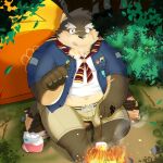  absurd_res anthro belly belt blush bottomwear bulge campfire candy canid canine canis clothing dessert domestic_dog eyebrows food forest hi_res licking licking_lips lifewonders male mammal marshmallow moritaka navel plant roasting_marshmallow ruoain scar scout_uniform shorts solo tent thick_eyebrows tokyo_afterschool_summoners tongue tongue_out tree 