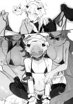  1boy aether_(genshin_impact) ahoge animal_ears bikini blush breasts closed_mouth commentary_request crossdressing diluc_(genshin_impact) dog_boy dog_ears genderswap genderswap_(mtf) genshin_impact greyscale highres kaeya_(genshin_impact) large_breasts long_hair micro_bikini monochrome notice_lines parted_lips seelie_(genshin_impact) simple_background smile swimsuit tabibitowayo white_background 