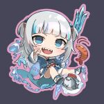  1girl bloop_(gawr_gura) blue_eyes blue_hair blue_hoodie blunt_bangs blush chibi ebi-chan_(gawr_gura) fins fish_tail gawr_gura gawr_gura_(1st_costume) grey_hair hair_ornament highres holding holding_weapon hololive hololive_english hood hoodie kouhiipan long_sleeves looking_at_viewer medium_hair multicolored_hair open_mouth polearm shark_girl shark_hair_ornament shark_tail sharp_teeth shrimp sidelocks simple_background solo streaked_hair tail teeth trident two_side_up upper_teeth_only virtual_youtuber water weapon wide_sleeves 