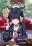  1girl animal_ears black_choker black_hair black_jacket blue_archive blunt_bangs blurry cafe cat_ears cat_girl chaciooh chair choker collarbone colored_inner_hair commentary_request depth_of_field extra_ears fork hair_ornament hairclip halo highres holding holding_fork hood hooded_jacket indoors jacket kazusa_(blue_archive) long_sleeves looking_at_viewer multicolored_hair open_clothes open_jacket pendant_choker photo_background plate red_eyes school_uniform serafuku short_hair shortcake sidelocks solo table two-tone_hair 