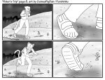  2016 5_fingers 5_toes anthro backpack black_and_white bottomwear climbing clothing cloud comic debris domestic_cat english_text feet felid feline felis fingers foot_focus footprint footprints footwear four_frame_image fur furshinku hill hillside humanoid_feet humanoid_hands long_tail looking_away looking_back looking_up losing_balance male mammal monochrome pants peter_(furshinku) plant plantigrade prick_ears sandals shirt slipping solo sprout_(plant) striped_body striped_fur stripes tail text toes topwear trail tree tripping walking weeds 