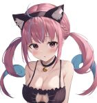  1girl animal_ear_fluff animal_ears bare_shoulders bell black_choker black_shirt blue_hair blush braid breasts cat_cutout cat_ears choker cilu_shinomori cleavage clothing_cutout collarbone commentary_request drill_hair facing_viewer fake_animal_ears french_braid highres hololive large_breasts looking_ahead minato_aqua multicolored_hair neck_bell open_mouth purple_eyes shirt simple_background solo streaked_hair twin_drills twintails upper_body virtual_youtuber white_background 