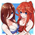  2girls :d ahoge alternate_costume armpit_crease bare_shoulders bikini blue_background blue_bikini blue_eyes blush breast_press breasts breasts_squeezed_together brown_hair cleavage collarbone eyebrows_hidden_by_hair framed frilled_bikini frills hair_between_eyes hair_down hair_ornament hair_over_breasts hair_over_one_eye halterneck highres large_breasts long_hair looking_at_viewer mame1645 multiple_girls nervous_smile open_mouth ponytail red_bikini red_hair seductive_smile siblings sidelocks simple_background sisters smile star_(symbol) star_hair_ornament straight-on sweatdrop swimsuit symmetrical_docking twins upper_body upturned_eyes white_background 