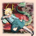  1girl black_footwear blonde_hair blue_bow blue_bowtie blue_shirt bow bowtie carbohydrate_(asta4282) character_name collarbone dragon_girl dragon_horns dragon_tail eyes_visible_through_hair full_body green_scales green_skirt horns kicchou_yachie looking_at_viewer messy_hair otter_spirit_(touhou) puffy_sleeves red_eyes shirt short_hair skirt socks tail touhou turtle_shell very_long_tail white_socks 