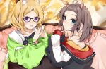  2girls aki_rosenthal animal_ear_fluff animal_ears bare_shoulders black_jacket blonde_hair blue_eyes blush cat_ears cat_girl collarbone commentary erubusubori extra_ears fingernails food forehead frilled_pillow frills glasses green_jacket green_nails hair_pulled_back holding holding_food holding_sandwich hololive horse_ears horse_girl jacket long_hair long_sleeves looking_at_viewer medium_hair multicolored_nails multiple_girls natsuiro_matsuri open_mouth parted_bangs parted_lips pillow pink_nails purple_eyes sandwich sleeves_past_wrists steepled_fingers upper_body virtual_youtuber 
