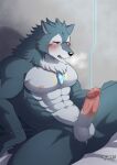  abs absurd_res anthro balls breke canid canine canis chuurow embarrassed erection genitals hi_res lifewonders male mammal muscular muscular_anthro muscular_male nipples pecs penis solo tokyo_afterschool_summoners wolf 