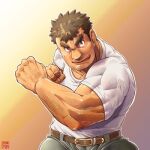  1boy arm_hair bara bunta_ru commission facial_hair feet_out_of_frame forearms forked_eyebrows goatee gradient_background looking_at_viewer lowres male_focus muscular muscular_male second-party_source short_hair sideburns smirk solo stubble takabushi_kengo thick_eyebrows tokyo_afterschool_summoners v-shaped_eyebrows 
