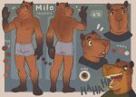  anthro black_body black_fur blue_background bottomwear boxers_(clothing) brown_body brown_fur brown_hair capybara caviid clothing eyebrows fenanda fur gesture green_eyes hair hi_res laugh male mammal milo_(dandyman) model_sheet open_mouth rodent simple_background solo teeth underwear waving worried 