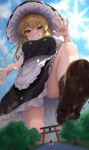  2girls :d apron backlighting bare_legs black_dress blonde_hair blue_sky blurry blurry_foreground boots bow braid breasts brown_footwear brown_hair cloud commentary_request debris depth_of_field destruction dress fingernails frilled_dress frills from_below giant giantess grin hair_between_eyes hair_bow hakurei_reimu hat highres kirisame_marisa leg_up light_blush long_hair long_sleeves looking_at_viewer looking_down medium_breasts multiple_girls outdoors palms red_bow short_sleeves side_braid single_braid sky smile solo_focus sun torii touhou tree waist_apron witch_hat yellow_eyes yosshy 
