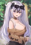  1girl :d absurdres azur_lane bangs bare_shoulders black_bow black_hair black_skirt blue_eyes blurry blurry_background bow bra_strap breasts brown_choker brown_sweater choker cleavage commentary elbe_(azur_lane) eyewear_on_head grey_hair hair_between_eyes hair_bow highres large_breasts long_hair long_sleeves looking_at_viewer off-shoulder_sweater off_shoulder open_mouth remapack77 skirt smile solo sunglasses sweater two_side_up upper_body very_long_hair 